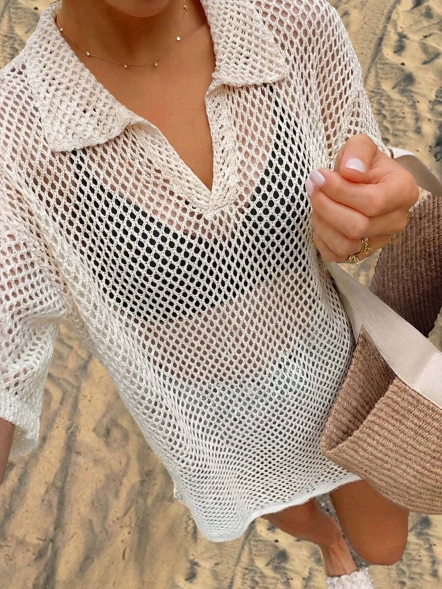 Áo khoác cardigan dệt kim lưới khoét lỗ dành cho nữ, cổ bẻ, dáng rộng, tôn dáng, chống nắng, thích hợp cho kỳ nghỉ hè ở bãi biển.
