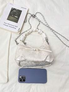 刺绣褶皱手提包，时尚单肩斜挎包，夏季新品 - 白色 - 查看 9