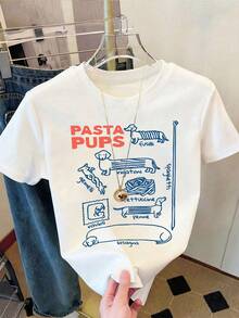 可爱意面狗印花女式短袖圆领T恤，高弹力标准意大利香肠狗图案舒适休闲T恤，适合夏季穿着 白色 - 白色 - 查看 1