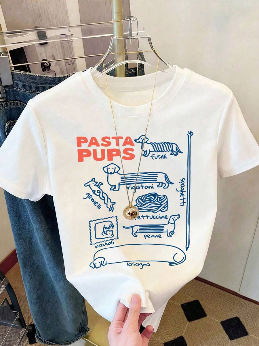 可爱意面狗印花女式短袖圆领T恤，高弹力标准意大利香肠狗图案舒适休闲T恤，适合夏季穿着 白色 - 白色 - 查看 1