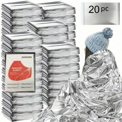 20片装应急求生反光箔隔热毯，适用于露营、徒步旅行和户外防风雨，必备露营装备、徒步旅行装备，反光毯，隔热性能好，反光表面