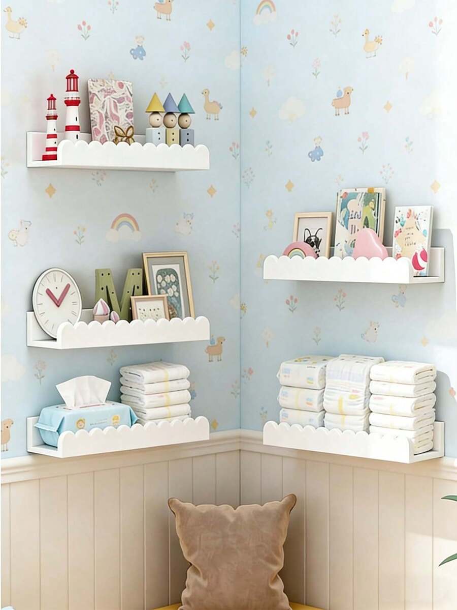 4 kệ sách treo tường cho phòng trẻ em, kệ sách thiết kế lượn sóng gắn tường cho phòng ngủ, phòng trẻ sơ sinh, phòng chơi, trang trí màu trắng. - Nhiều màu - Xem 1