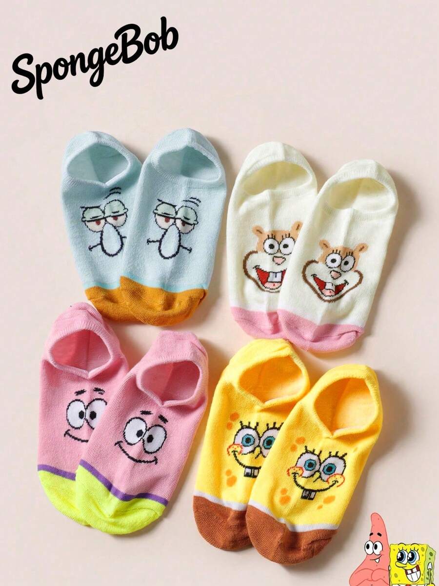 SpongeBob SquarePants 4双可爱卡通图案加固袜头和袜跟,耐穿舒适短袜,男女四季皆宜,适合上学和户外运动,夏季和冬季均有,图案包括章鱼兄弟、螃蟹先生等。 - 彩色 - 查看 1