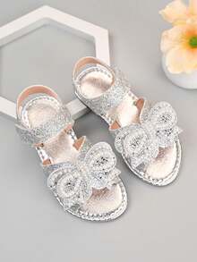 2026 New Girls' Pearl, Rhinestone, Bow & Sequin Decorated PU Open Toe Sandals, Sweet Princess Style, Suitable For Summer Casual Wear/Birthday Party - Silver - View 4