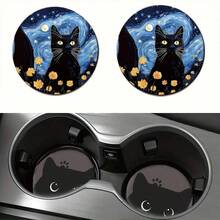 1 Set Of 2 Starry Sky Chrysanthemum Cat Car Cup Holder Pads, Universal Compatible, Made Of Natural Rubber Bottom Anti Slip Polyester Back, Washable Weight Of 15 Grams, 2.8-Inch Absorbent Knitted Fabric, Cute Cartoon Storage Pad, Used For Vehicle Interior - Starry Sky Chrysanthemum Cat 2-piece Set - View 1