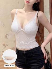 Lace Camisole With Padded Bust, Sexy Cropped Tank Top For Women, Spring/Summer - White - View 2