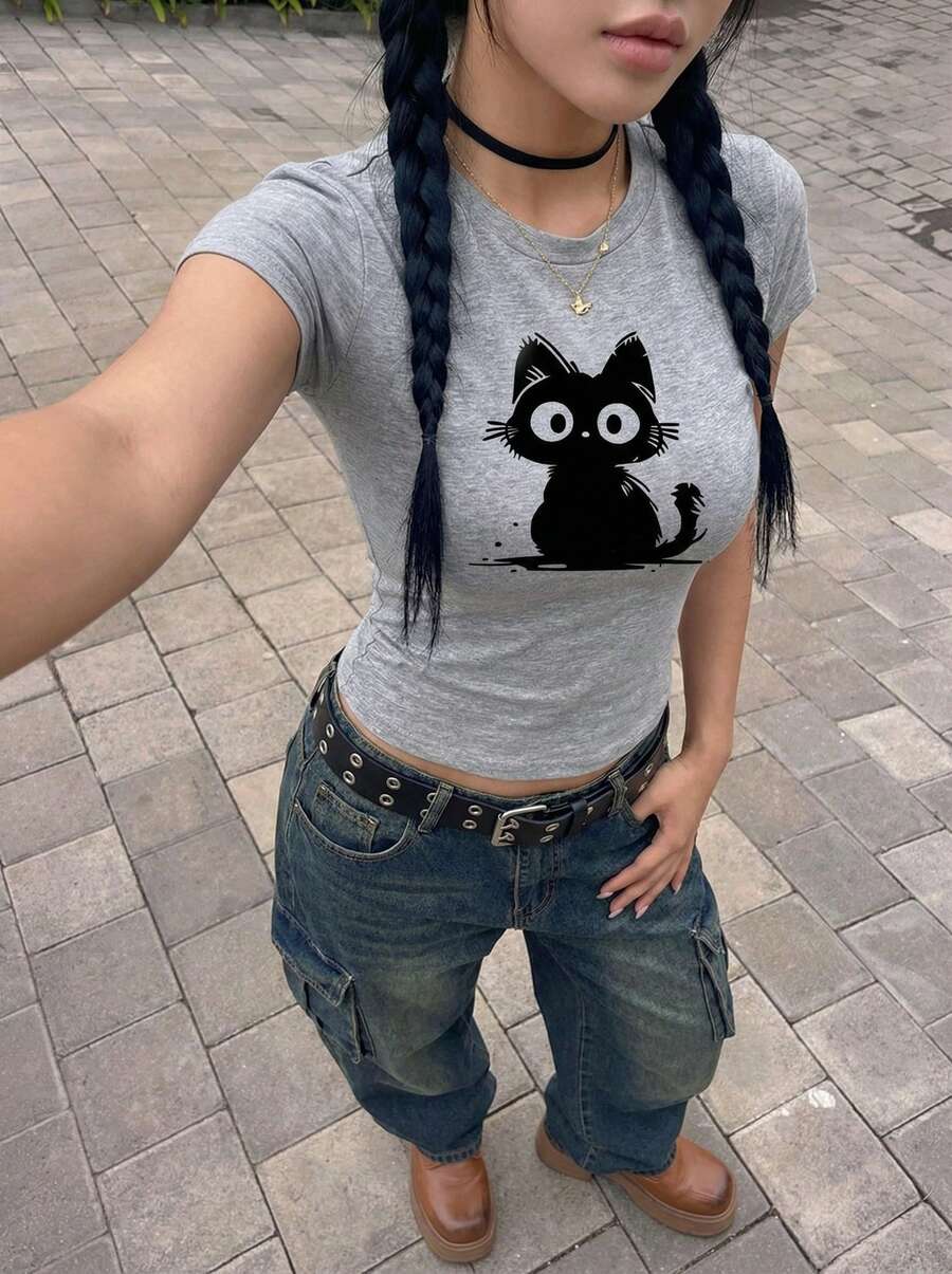 Rikumo 3件套女士休闲时尚修身蝴蝶结装饰印花简约纯色褶皱圆领短袖T恤套装 夏季 - 彩色 - 查看 1