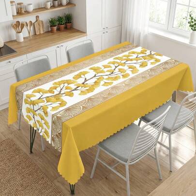 1件银杏叶印花涤纶桌布，适用于厨房、餐厅、节日、宴会、派对餐桌装饰
