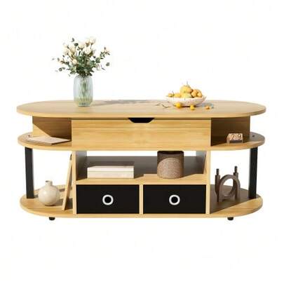 Modern Coffee Table With Wood Grain Finish, Lift Mechanism, Storage Space And Black Fabric Drawers: Versatile, Elegant And Practical For The Living Room And Office.
