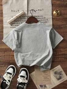 Summer TopsWomen's Summer New Simple Slogan Print Casual Vacation Style Loose Fit Round Neck Short Sleeve T-Shirt, Fashionable Everyday Top, Suitable - 淺灰色 - 查看 5