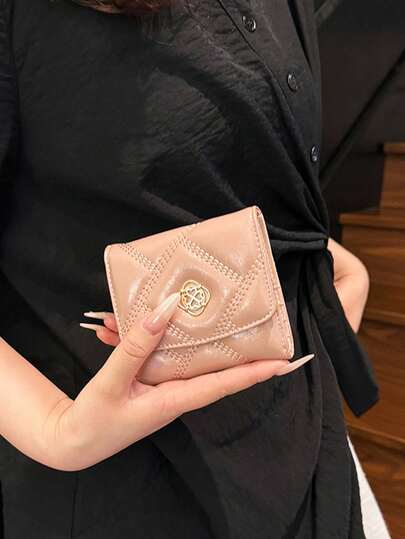 محفظة جلد مشمع ثلاثية الطي للنساء، محفظة حامل بطاقات مطرزة بشبكة ماسية