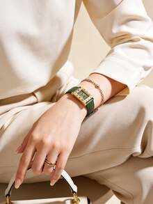 Vintage Fashionable Minimalist Casual Elegant Oval Case PU Leather Strap Women's Watch, Delicate Cute Small Dial Roman Numeral Display, Suitable For Daily Wear, Birthday Gift, Party, Ideal Choice For Yourself Or Friends. No Packaging Box Included. - Green - View 6