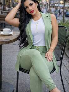 Set 3 pzs chaleco blusa pantalon tela suave crepe casual formal elegante - verde menta - Ver 3