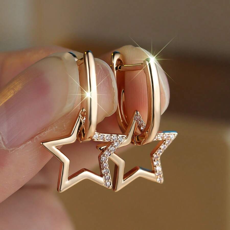 Vanel 1 Pair Elegant Rose Gold Star Pendant Hoop Earrings, Inlaid With Cubic Zirconia, Fashionable Earrings Suitable For Daily Wear And Parties - Golden Yellow-white - View 1