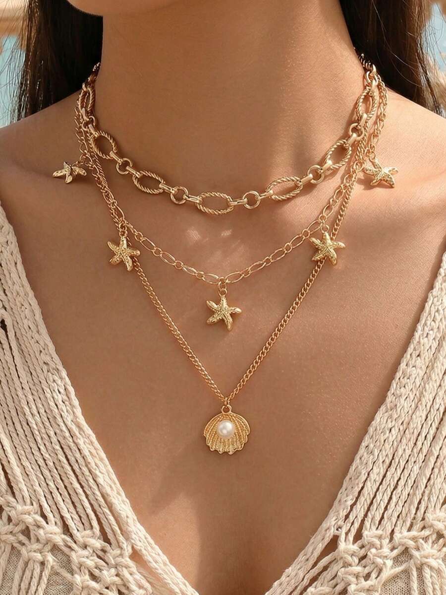 3pcs/Set Alloy Starfish, Faux Pearl, Shell Pendant Necklace, Layered Necklace, Fashion Versatile Gold Tone Necklace Set, Suitable For Beach, Vacation, Party, Daily Wear - Gold - View 1