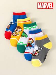 Marvel 5 Pairs Set Thor Pattern Children's Socks, Ruffle Socks, Black & White Striped Mid-Calf Socks, Girls & Boys Short Socks, Soft Breathable Ankle Socks, Non-Slip Boat Socks, Cartoon Ankle Socks, Suitable For Halloween, Valentine's Day - Multicolor - View 5