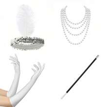 1920s Retro Feather Headpiece & Earrings 4-Piece Set, Elegant Party, Halloween Costume - White - View 9
