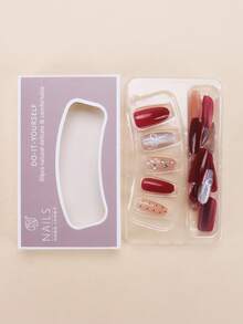 30pcs Long Almond Shape/Vintage Burgundy Gradient Nail Stickers, Exquisite And Gentle, Suitable For Daily Commute, Dating, Holidays And Other Occasions, A Versatile Long-Lasting Sweet Cool Girl Style Nail Sticker - Multicolor - View 4