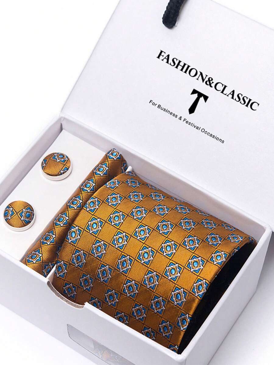 3pcs/Set Geometric Pattern Men's Tie, Pocket Square, Cufflinks, Romantic White Gift Box, Suitable For Men's Wedding, Holiday, Anniversary - Color Mixing - View 1