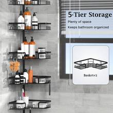 Adjustable Tension Pole Shower Caddy 5 Tier - Corner Bathroom Organizer With Hooks, 43.5-120 Inch Rustproof Iron Shelf Rack, Floor To Ceiling Storage, Black - Black - View 7