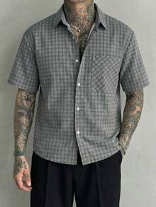 Men's Fashionable Street-Style Mesh Shirt, Loose Gray Plaid Button-Down Shirt, Loose Fit Printed Top, Combining Aesthetics And Geeky Fashion - Multicolor - View 3