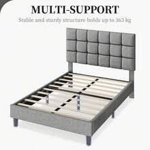 4ft6 Double Upholstered Platform Bed - Adjustable Square Tufted Headboard, Linen Fabric With Sturdy Wooden Slat Support, Beige (No Box Spring Needed) - Light Grey - View 9