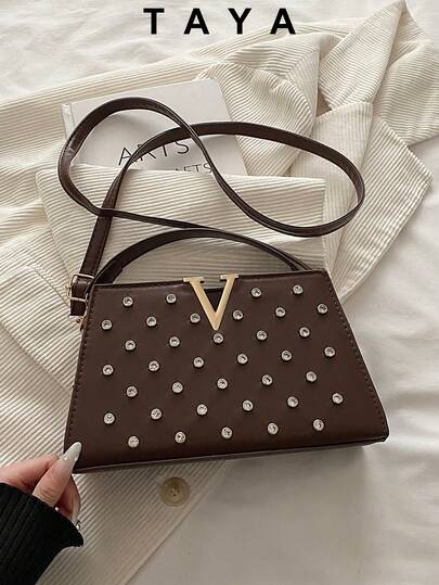 Women's Fashion Rhinestone Decorated Handbag, Stylish Gold V-Letter Metal Shoulder Bag, Elegant Crossbody Bag. Suitable For Travel, Shopping, Dating, Women's Gift, Very Suitable For Commuting, Outdoor, Travel, Hiking, Valentine's Day Gift