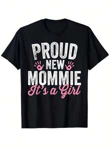 Proud New Mom - This Is A Printed T-Shirt Made Of With A Crew Neck And Short Sleeves.It Features A Casual Sports Style And A Loose Fit, Designed For Expectant Mothers.Available In Sizes XL To XXXL - 黑色 - 查看 1