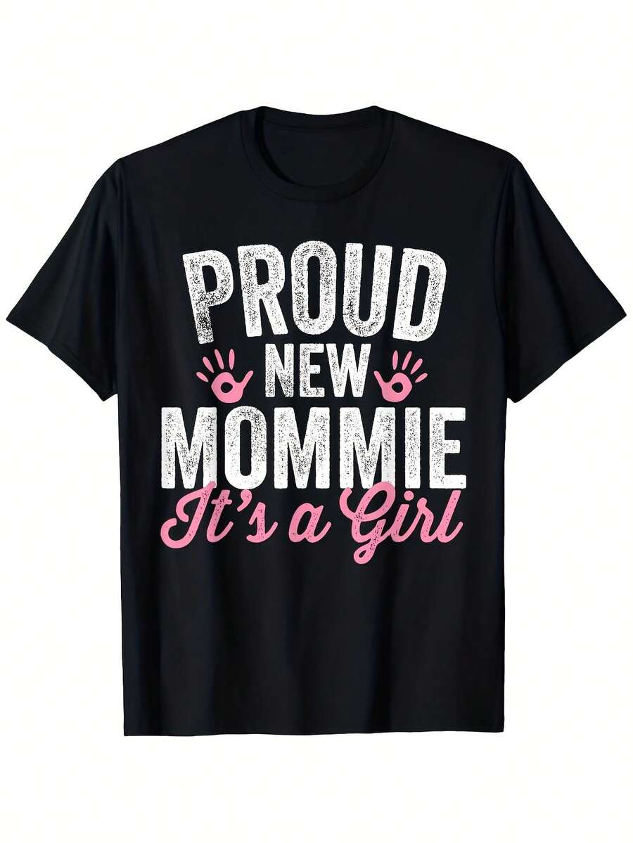 Proud New Mom - This Is A Printed T-Shirt Made Of With A Crew Neck And Short Sleeves.It Features A Casual Sports Style And A Loose Fit, Designed For Expectant Mothers.Available In Sizes XL To XXXL - 黑色 - 查看 1