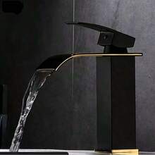 1pc Nordic Black Gold Copper Core Waterfall Faucet, Cold & Hot Sink Basin Bathroom Cabinet Single Hole Tap - Black - View 2