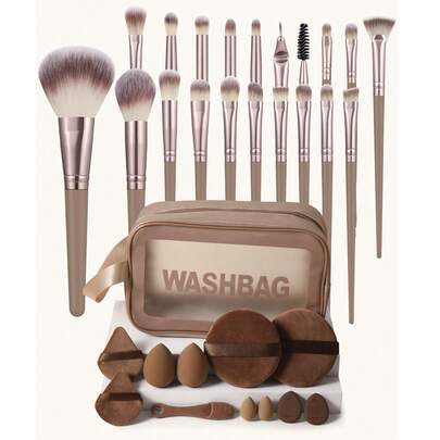 32PCS Makeup Tools Set Including:20PCS Makeup Brush Set+2PCS Makeup Sponges+2PCS Triangle Powder Puffs+2PCS Facial Cleansing Sponges+2PCS Mini Makeup Sponges+2PCS Mini Air Cushion Powder Puffs+1pc Nose Wash Brush+1pc Multi-Functional Zipper Toiletry And Cosmetic Bag Waterproof