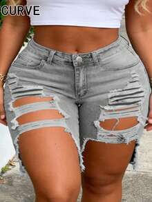 Pantalones cortos capri de mezclilla lavada azul claro con bolsillos para mujer de talla grande - Gris Claro - Ver 1