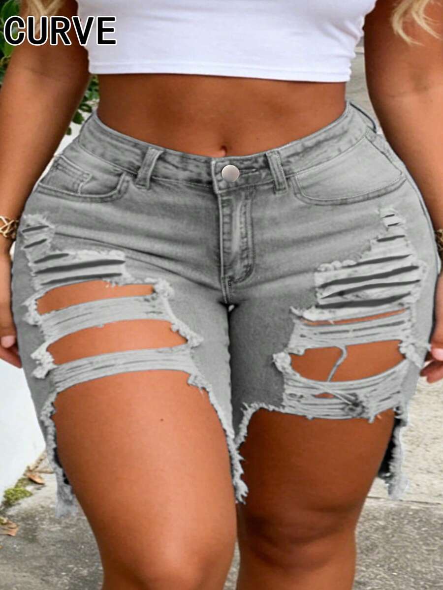 Pantalones cortos capri de mezclilla lavada azul claro con bolsillos para mujer de talla grande - Gris Claro - Ver 1
