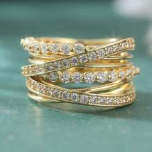 Luxurious Multi-Layer Interwoven Line Creative Women's Ring, Featuring Synthetic Round Cubic Zirconia, Fashionable Gold-Tone Ring Band, Suitable For Daily Wear Jewelry - الذهبي - مشاهدة 12