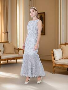 DEVCHATA Elegantes Luxus Damen Jacquard Bankett Kleid, ärmellose Damen Maxikleid mit rundem Ausschnitt und Meerjungfrauenschnitt, ideale Wahl für Partys, ausstrahlt hochwertige Eleganz (zufälliges Blumenmuster) - Silber - Übersicht 2