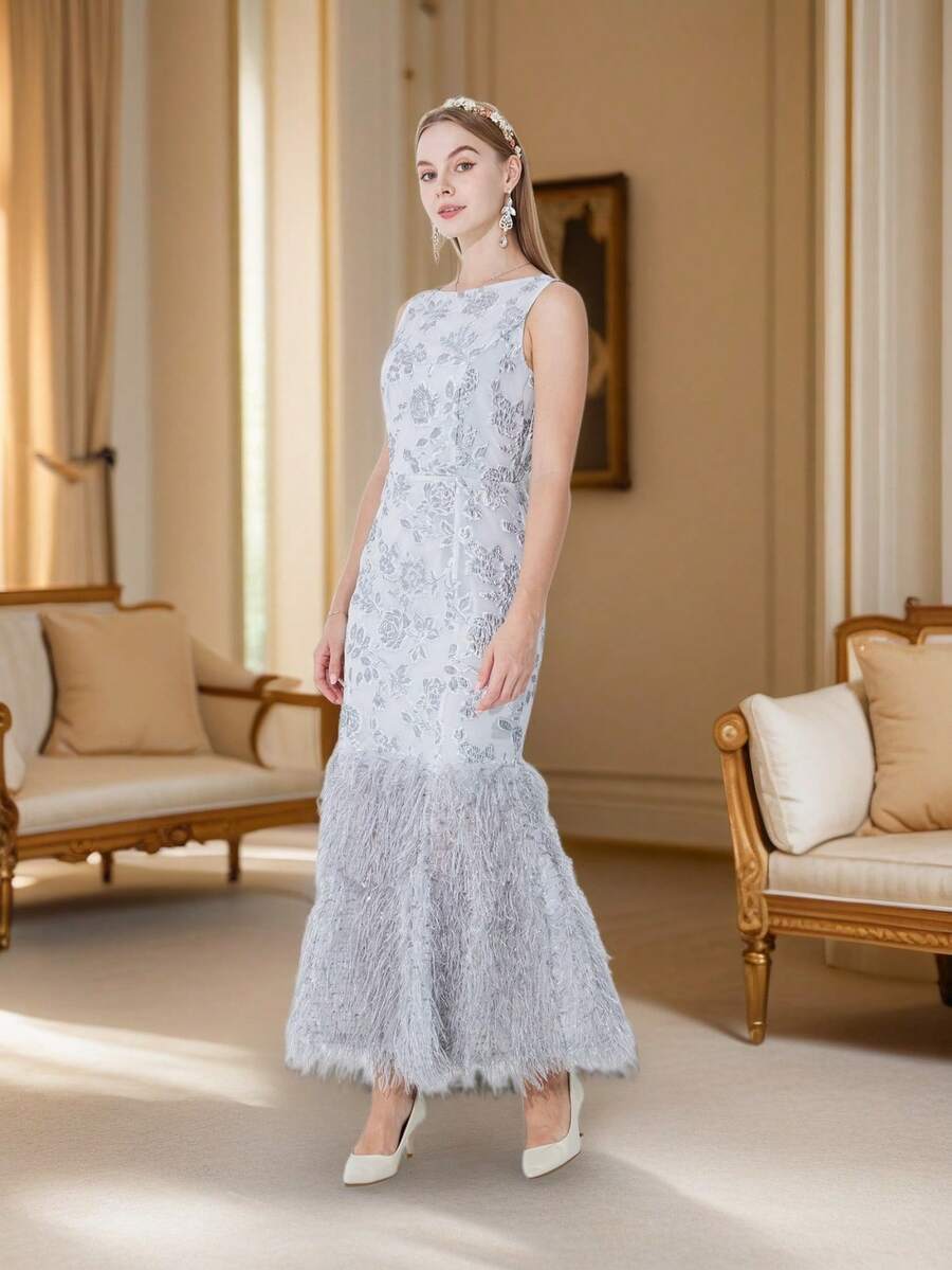DEVCHATA Elegantes Luxus Damen Jacquard Bankett Kleid, ärmellose Damen Maxikleid mit rundem Ausschnitt und Meerjungfrauenschnitt, ideale Wahl für Partys, ausstrahlt hochwertige Eleganz (zufälliges Blumenmuster)