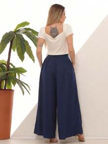 Women's Wide Leg High Waist Wide Leg Pants - Azul Marino - Ver 2