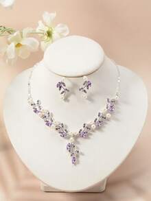 3件套女士合金珍珠水钻简约项链耳环套装，适合婚礼和派对佩戴 - 銀藍 - 查看 6