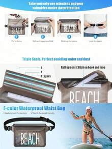 Bolsa de cintura impermeable de gran capacidad, diseñada con un patrón "Beach", con correa de cintura ajustable, hecha de material de PVC. Cuenta con un diseño de triple sellado y un bolsillo impermeable para teléfono con capacidad de pantalla táctil. Ideal para actividades en la playa. Esta bolsa de cintura puede proteger su teléfono y objetos de valor durante el surf, el canotaje, la navegación o la pesca. - Multicolor - Ver 8