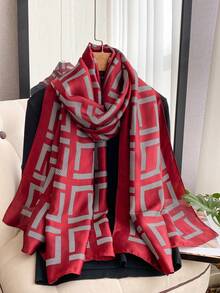 1 pieza Pañuelo de seda sintética con estampado geométrico elegante, chal versátil para mujer, adecuado para la playa, protección solar, accesorio de moda, vacaciones, accesorios, esencial de viaje - Rojo - Ver 6
