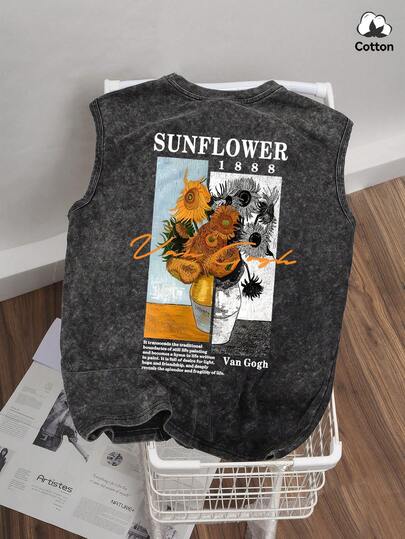 Camiseta de tirantes de estilo callejero de verano para hombre, talla grande, con gráfico, ligeramente elástica, de color negro lavado, informal y sin mangas para uso diario