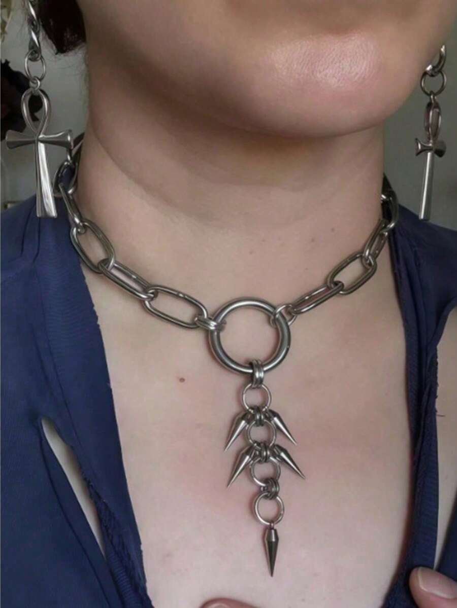 这款银色多层几何链项链采用简约设计，由层叠的圆形和锥形吊坠组成，时尚的冷色调锁骨链，男女皆宜。 - 銀色 - 查看 1