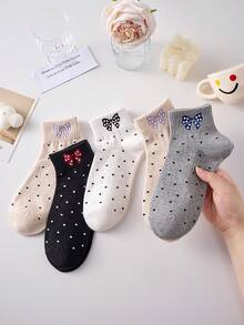4 Pairs Women's Cute Breathable Bow Polka Dot Pattern Ankle Socks, Invisible Liner Socks, White And Black, Suitable For Casual Daily Wear, Applicable For Spring/Summer All Year Round - View 7