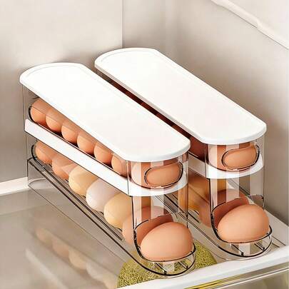 1 pieza Estante giratorio automático de doble capa para almacenamiento de huevos en el refrigerador, mantiene los huevos frescos, ahorra espacio, sostiene 12-14 huevos, diseño con bisagras, material de plástico, sin contacto con alimentos, organizador de refrigerador, bandeja para huevos de cocina, soporte para huevos, Día de la Madre, Día del Padre
