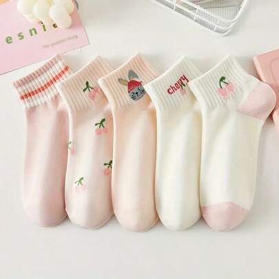 5 Pairs Women's Cute Cherry & Rabbit Print Ankle Socks, Sweet Pink Casual Short Socks For Daily Wear