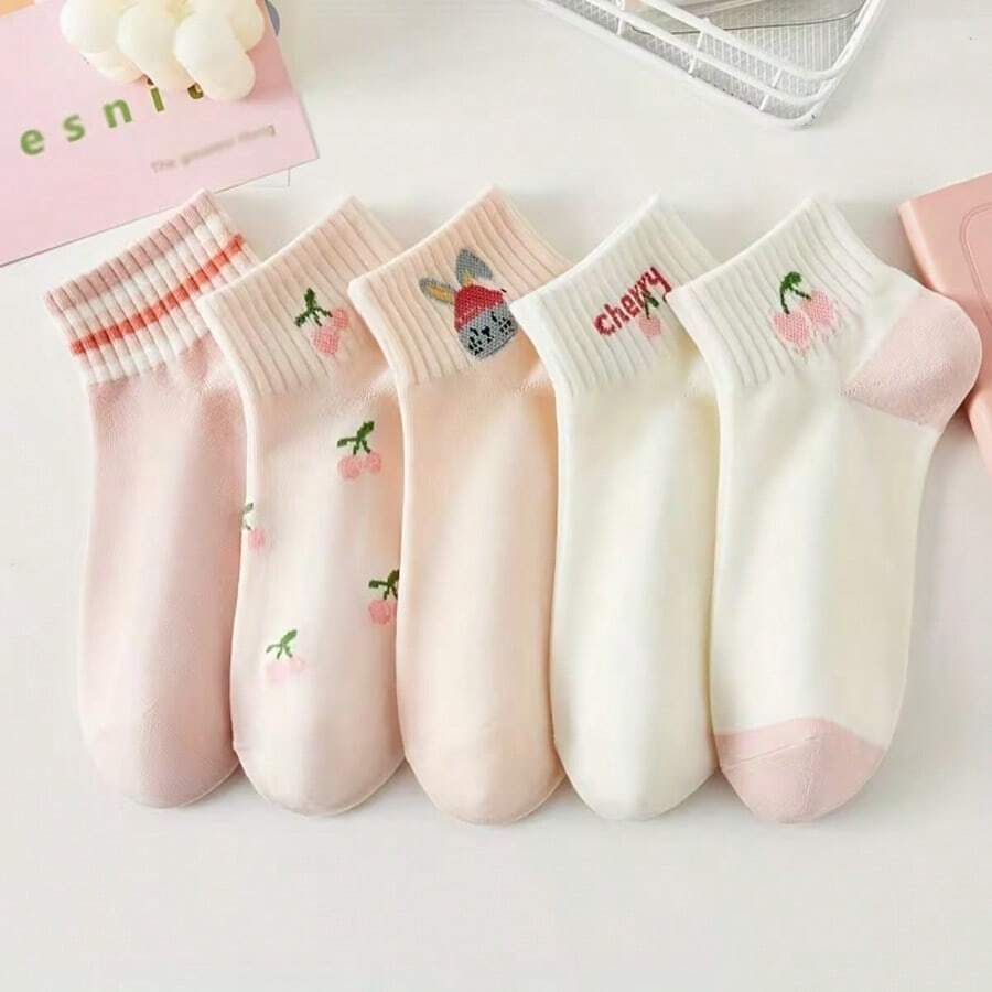 5 đôi tất ngắn cổ chân in hình quả anh đào và thỏ dễ thương dành cho nữ, tất ngắn màu hồng ngọt ngào, thích hợp mặc hàng ngày.