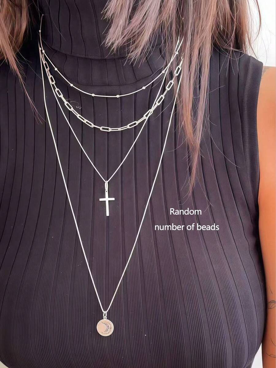 Kalung Berlapis Salib Perak dan Bulan Gaya Boho untuk Wanita, Set Kalung Choker Rantai Manik-Manik Bentuk Klip Kertas 4 Buah yang Dapat Ditumpuk, Perhiasan Keagamaan Vintage untuk Wanita - Perak - View 1