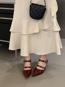 春夏百搭尖头酒红色高跟鞋，性感优雅露跟穆勒凉鞋，女士款 - 復古紅色 - 查看 3