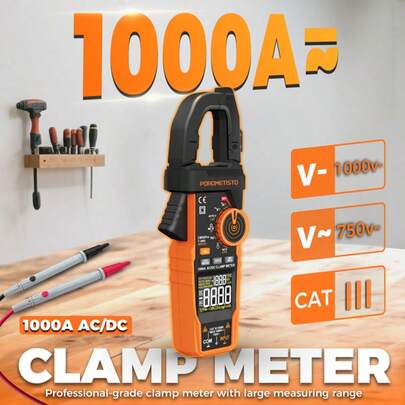 CM06 And CM06Pro Digital Clamp Meter Multimeter 600A/1000A Current Meter Voltage Tester 6000 Counts Clamp Meter True Amp Hz Ohm Capacitance. It Also Includes NCV, Real-Time, Max, Min, Hold, Inrush, VFD, Flashlight, Auto Power Off, Full Range Overload Protection, Low Battery Indicator.