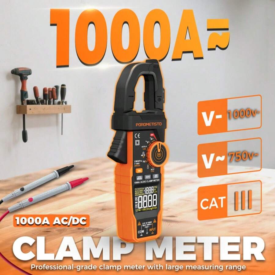 Multímetro de pinza digital CM06 y CM06Pro 600A/1000A, medidor de corriente, probador de voltaje de 6000 recuentos. Incluye NCV, tiempo real, máx., mín., retención, pico de arranque, VFD, linterna, apagado automático, protección contra sobrecarga de rango completo e indicador de batería baja.